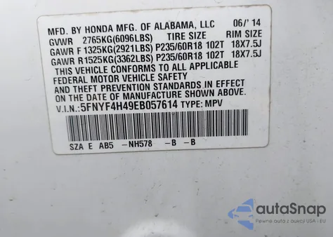2014 Honda Pilot Ex from USA, damaged, VIN 5FNYF4H49EB057614